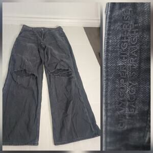 AMERICAN EAGLE Jeans 14 Long Baggy Straight Curvy Super High Rise Strigid Drapey